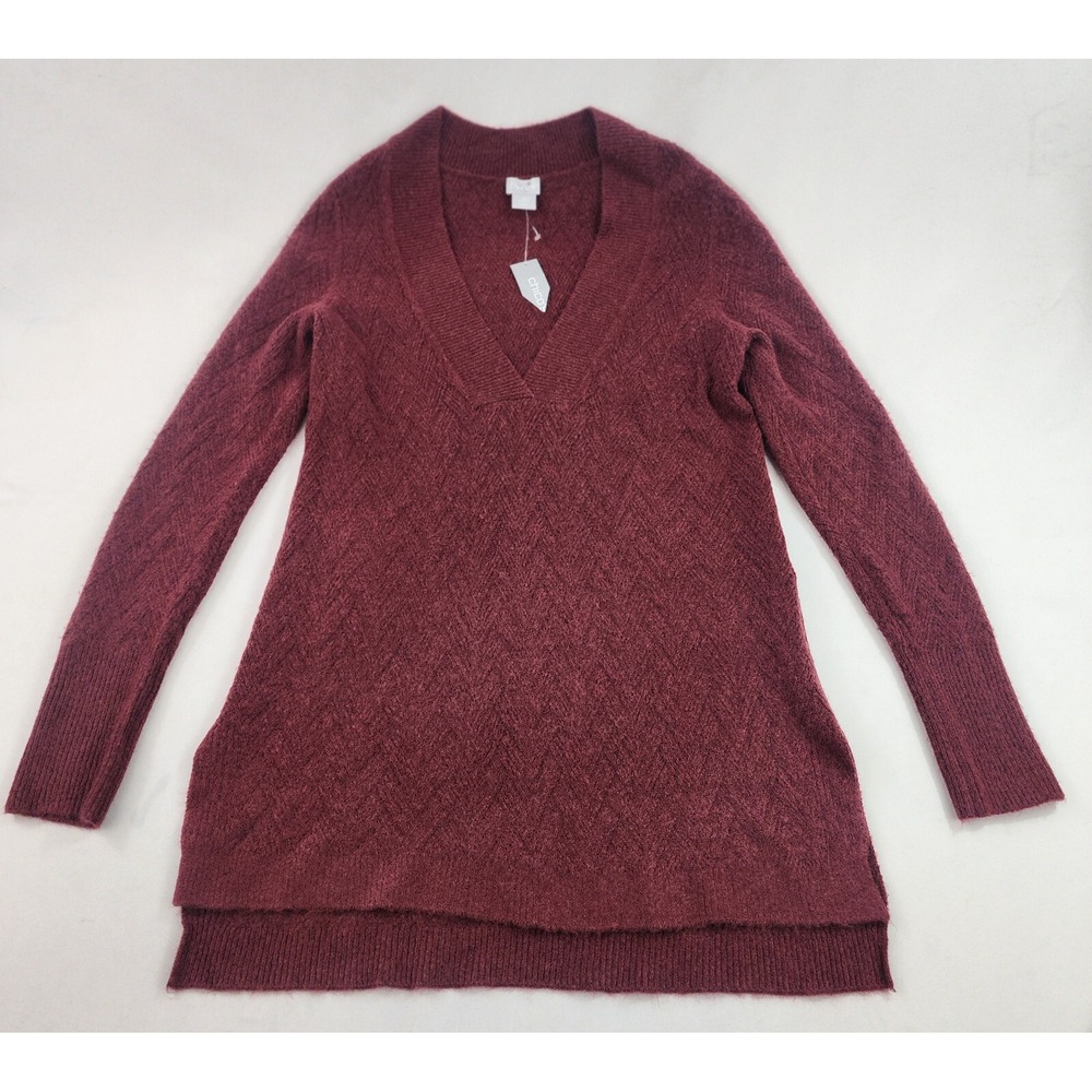 Chico's Tunic Sweater Womens 0 S Burgundy Herringbone V-Neck Wool 570313894